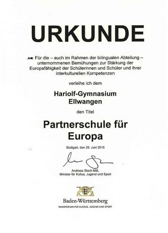 Urkunde Partnerschule für Europa